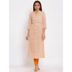 HERE&NOW Orange Mandarin Collar Striped A-Line Kurta-picture-17