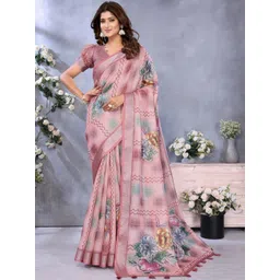 HERE&NOW Peach Printed Linen Blend Jamdani Sarees-picture-12