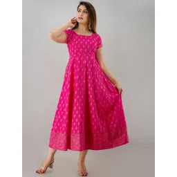 HERE&NOW Pink Ethnic Motifs Printed Fit And Flare Midi Ethnic Dress-picture-41