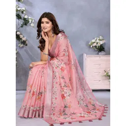 HERE&NOW Pink Printed Linen Blend Chanderi Sarees-picture-13