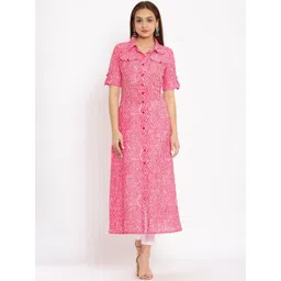 HERE&NOW Pink Shirt Collar Chevron Printed Roll Up Sleeves A-Line Kurta-picture-19