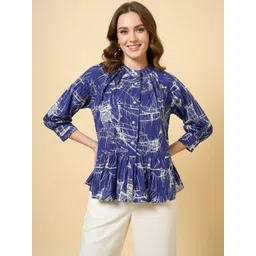 HERE&NOW Print Mandarin Collar Cotton Peplum Top-picture-36