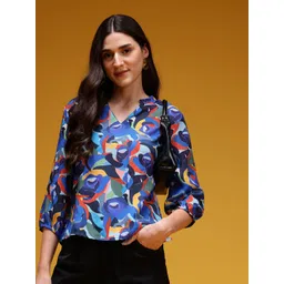 HERE&NOW Print Mandarin Collar Puff Sleeve Top-picture-30