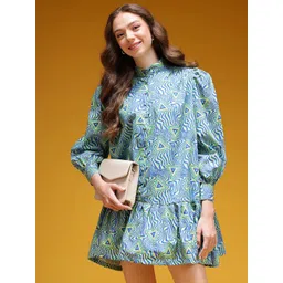 HERE&NOW Printed Puff Sleeves Cotton Drop-Waist Dress-picture-16