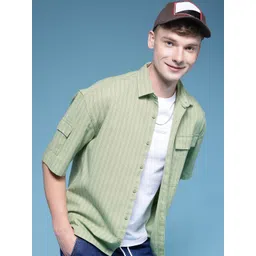 HERE&NOW Pure Cotton Striped Drop-Shoulder Sleeves Relaxed Fit Casual Shirt-picture-24