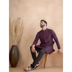 HERE&NOW Purple Geometric Embroidered Sequinned Mandarin Collar Thread Work Straight Kurta-picture-16