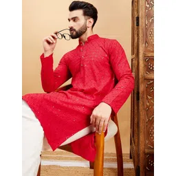 HERE&NOW Red Ethnic Motifs Embroidered Mandarin Collar Straight Kurta-picture-30