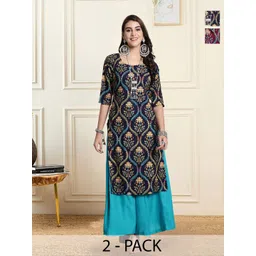 HERE&NOW Selection Of 2 Floral Printed Round Neck Straight Kurtas-picture-31