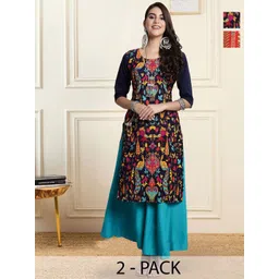 HERE&NOW Selection Of 2 Floral Printed Round Neck Straight Kurtas-picture-36