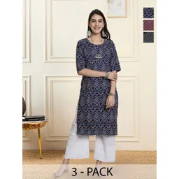 HERE&NOW Selection Of 3 Bandhani Printed Round Neck Straight Kurtas-picture-16