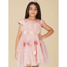 HERE&NOW Self Design Cap Sleeves Corsage Net Fit & Flare Dress-picture-16