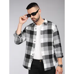 HERE&NOW Tartan Checks Spread Collar Long Sleeves Slim Fit Cotton Casual Shirts-picture-41