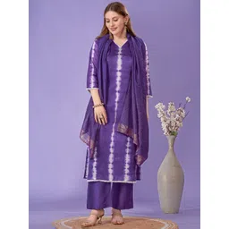 HERE&NOW Tie & Dye V-Neck Straight Kurta With Trouser & Dupatta-picture-13