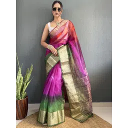 HERE&NOW Tie and Dye Zari Organza Kanjeevaram Saree-image-19