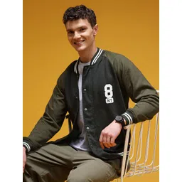 HERE&NOW Typography Printed Pure Cotton Stand Collar Varsity Jacket-picture-30