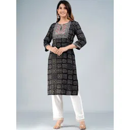 HERE&NOW Women Bandhani Printed Keyhole Neck Mirror Work Kurta-picture-15