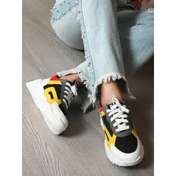 HERE&NOW Women Black & Yellow Colourblocked Faux Leather Sneakers-picture-18