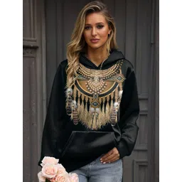 HERE&NOW Women Black Jewel Printed Polyester Hooded Sweatshirt-picture-18