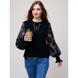 HERE&NOW Women Black Polyester Long Sleeves Round Neck Sweatshirts-picture-10