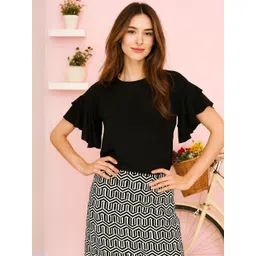 HERE&NOW Women Black Ruffle Sleeves Georgette Crop Top-picture-32