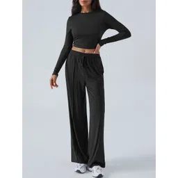 HERE&NOW Women Black Solid Polyester Round Neck Long Sleeves Top with Trousers-picture-36