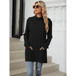 HERE&NOW Women Black Solid Turtle Neck Long Sleeves Casual Sweaters-picture-24