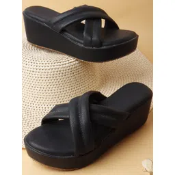 HERE&NOW Women Black Solid Wedge Open Back Heels-picture-17