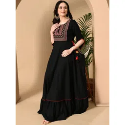 HERE&NOW Women Black Viscose Rayon Round Neck Embellished Anarkali Ethnic Dresses-picture-15