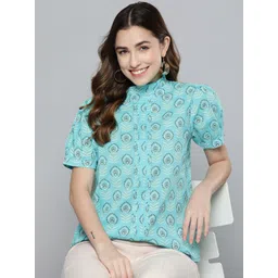 HERE&NOW Women Blue & White Printed Pure Cotton Top-picture-35