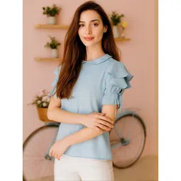 HERE&NOW Women Blue Georgette Flared Sleeve Short Top-picture-38