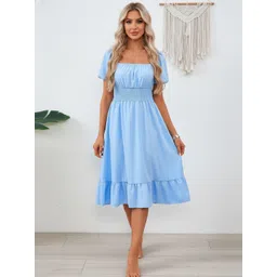 HERE&NOW Women Blue Polyester Puff Sleeve Fit & Flare Midi Dress-picture-22