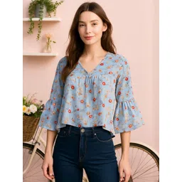 HERE&NOW Women Blue Print Flared Sleeve Crepe Crop Top-picture-36