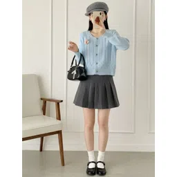 HERE&NOW Women Cable Knit Round Neck Long Sleeves Cardigan Crop Sweaters-picture-30