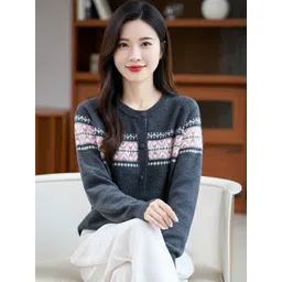 HERE&NOW Women Chevron Printed Round Neck Long Sleeves Cardigan-picture-18