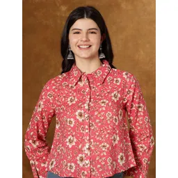 HERE&NOW Women Cotton Floral Printed Shirt Style Crop Top-picture-26