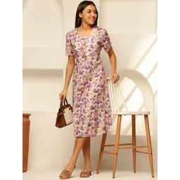 HERE&NOW Women Cotton Printed Fit and Flare Dresses-image-23