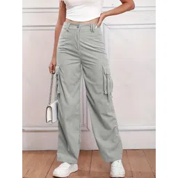 HERE&NOW Women Cotton Solid Relaxed Cargo Trousers-picture-18