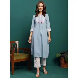 HERE&NOW Women Embroidered Pleated Thread Work Pure Cotton Kurta with Trousers-picture-29
