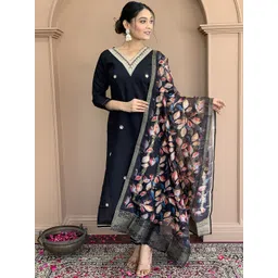 HERE&NOW Women Ethnic Motifs Embroidered Regular Kurta with Trousers & With Dupatta-picture-26