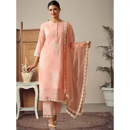 HERE&NOW Women Ethnic Motifs Embroidered Regular Thread Work Chanderi Cotton Kurta with Palazzos & With-picture-38