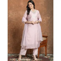 HERE&NOW Women Ethnic Motifs Embroidered Regular Thread Work Chanderi Cotton Kurta with Trousers & With-picture-37