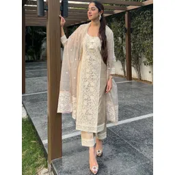 HERE&NOW Women Ethnic Motifs Embroidered Regular Thread Work Kurta with Trousers & With Dupatta-picture-18