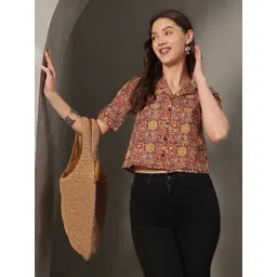 HERE&NOW Women Ethnic Motifs Printed Shirt Collar Pure Cotton Shirt Style Crop Top-picture-20