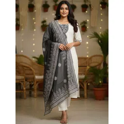 HERE&NOW Women Ethnic Motifs Yoke Design Regular Thread Work Pure Cotton Kurta with Trousers & With Dupatta-picture-31