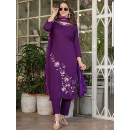 HERE&NOW Women Floral Embroidered Regular Thread Work Kurta with Trousers & With Dupatta-picture-27