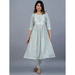 HERE&NOW Women Floral Printed Cotton A-Line Kurta with Trousers-picture-33