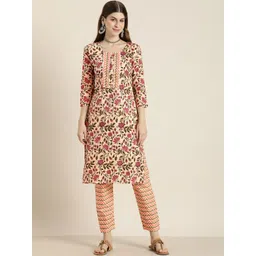 HERE&NOW Women Floral Printed Gotta Patti Pure Cotton Kurta with Trousers-picture-12