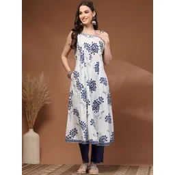 HERE&NOW Women Floral Printed Panelled Mirror Work Pure Cotton Kurta with Trousers-picture-34
