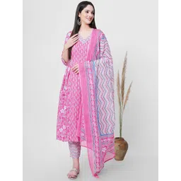 HERE&NOW Women Floral Printed Regular Gotta Patti Cotton Kurta with Palazzos & Dupatta-picture-40