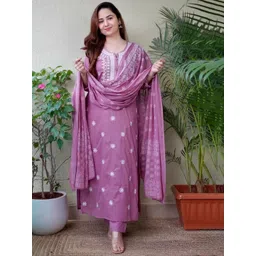 HERE&NOW Women Floral Printed Regular Kurta with Trousers & With Dupatta-picture-27